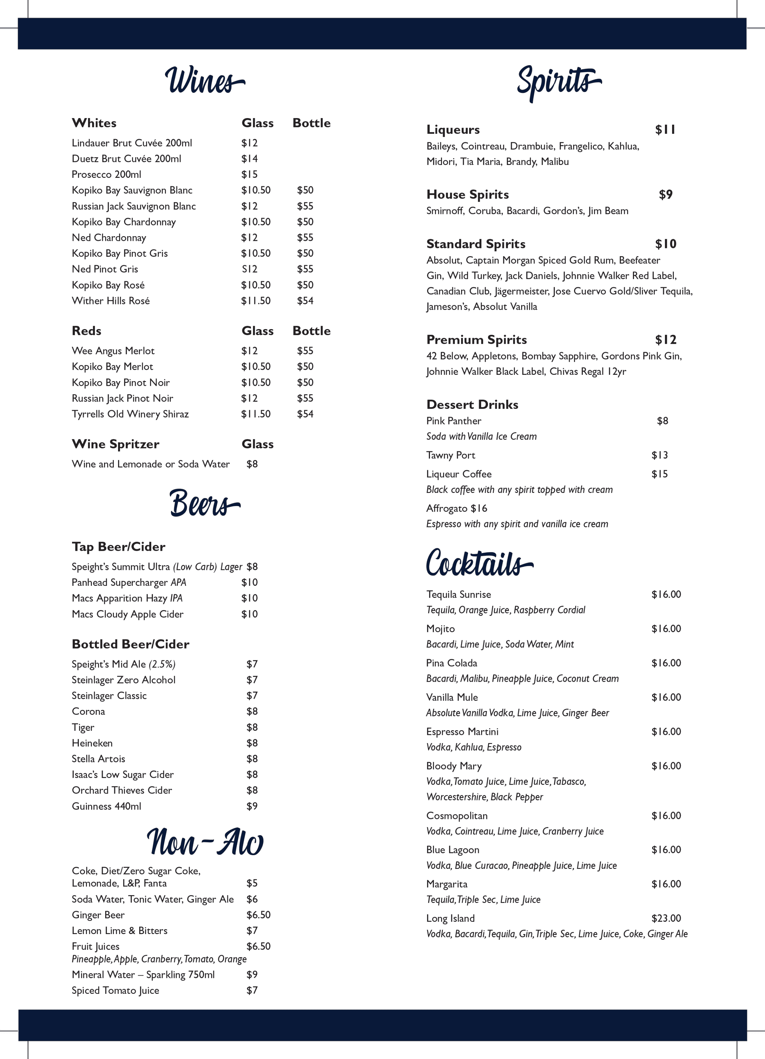 Drinks Menu - Blue Lagoon